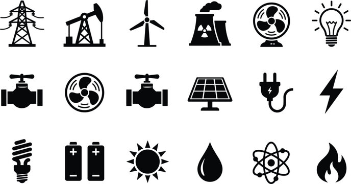Energy and Power Industry Black Silhouette Icon Set Featuring Wind Turbine Solar Panel Nuclear Plant Electric Plug Battery Oil Pump and Bulb Symbols