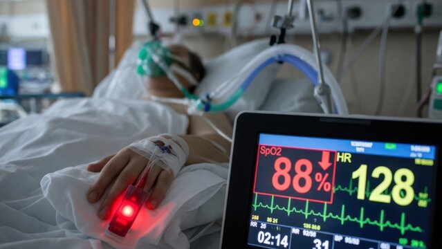 Patient in ICU with Vital Signs Monitor Showing Low Oxygen Saturation
