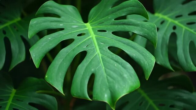 Close-up of a vibrant green leaf with distinctive fenestrations, lush surrounding foliage