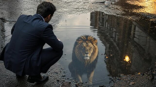 Businessman Discovering Inner Strength with Lion Reflection in Puddle