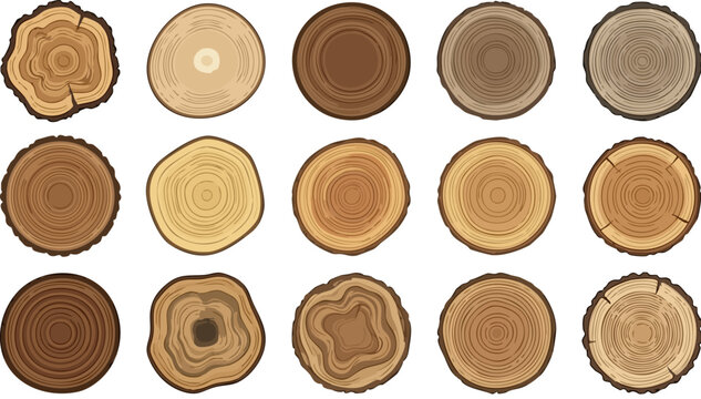 Rustic wood slice collection with 15 vector tree rings, natural timber cross sections with bark, brown wooden trunk circles for carpentry and design