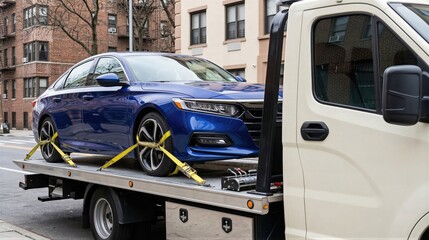 Fototapeta premium Broken blue sedan secured with yellow straps on bed of flatbed tow truck. Roadside assistance services, vehicle transport after accident or engine breakdown in city street area.
