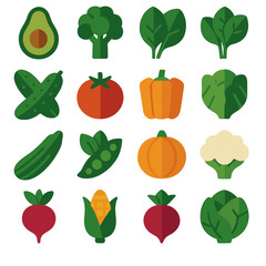 Fototapeta premium Collection of flat design icons representing various fresh vegetables and produce