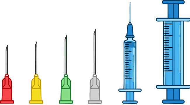 Medical syringe and hypodermic needle set, flat vector illustration of vaccination equipment, sterile plastic syringes with sharp steel needles