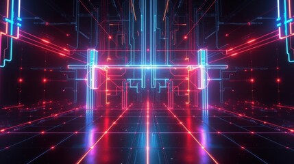 Fototapeta premium Futuristic corridor. Glowing lines create digital space. Red, blue hues dominate dark environment. Abstract geometry defines structure.