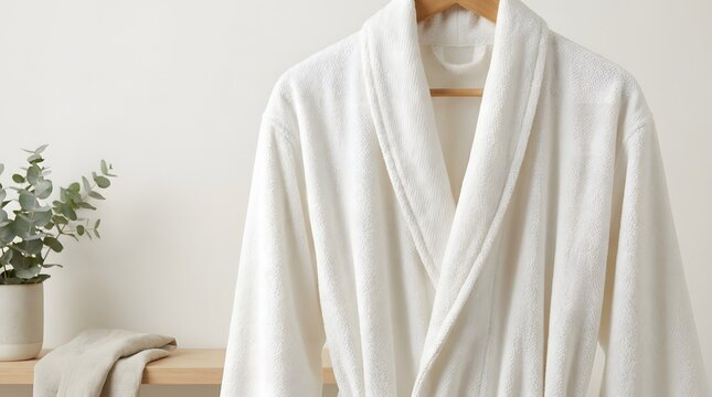 A plush white bathrobe hangs on a wooden hanger in a bright, minimalist bathroom setting with a potted plant and folded towel.
