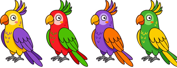 Obraz premium Cartoon parrot collection with 4 colorful bird characters, cute tropical macaw vector set, vibrant exotic animal illustrations for kids