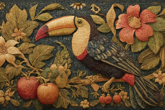 Textile art a toucan, lush foliage, red blossoms, and ripe fruit