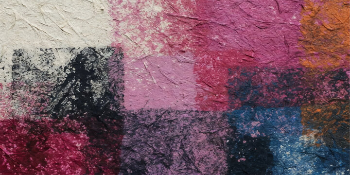 Abstract background of a colorful wall featuring a grungy purple and red stone texture with an aged vintage paint design on a rough surface