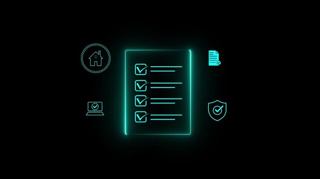 A digital checklist displayed on a glass-like panel, surrounded by security icons symbolizing data protection, privacy, and online safety. Glowing neon background, Motion graphics concept.4K