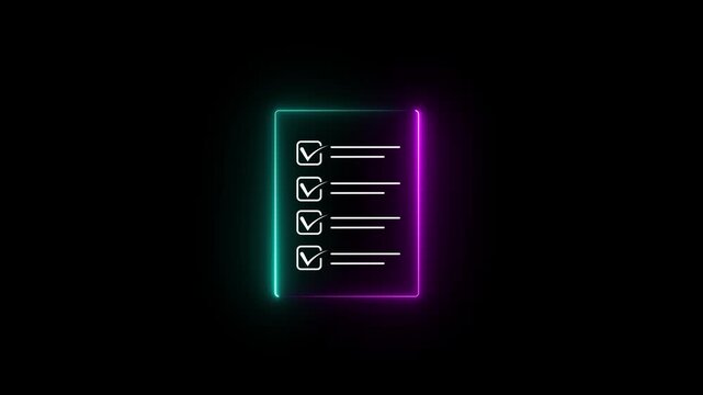Glowing neon check list animated outline icon. Checklist line icon animation. document marking, mark icon 4k motion