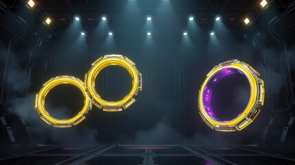 Fototapeta premium Futuristic scene features glowing rings, dark room, dramatic lighting. Smoke adds depth, creating scifi atmosphere.