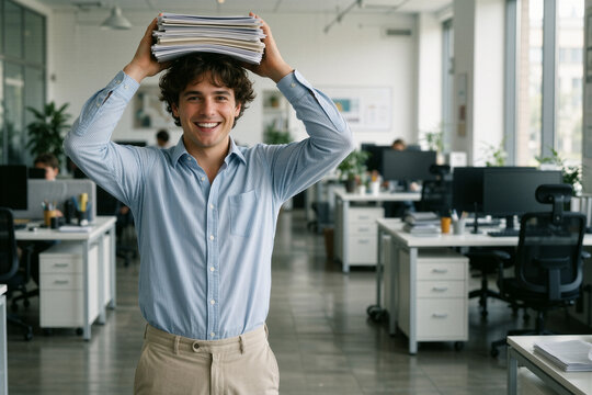 Young man balances papers on head in modern office with cheerful grin.