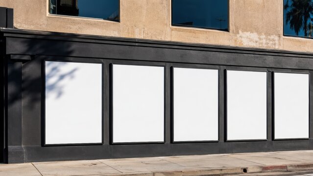 five blank poster templates on dark building wall, outdoor advertising, daylight shadows, graphic design presentation and brand promotion concept