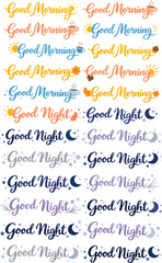 Fototapeta premium Morning and night greetings good morning and good night phrases with sun moon stars and coffee cup in bright colorful palette.