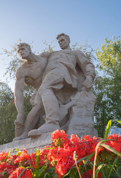 Volgograd, Russia - May 04, 2025: Sculptural compositions along Heroes Square on Mamayev Kurgan in Volgograd. Heroes Square. Sculptural composition Sailor.