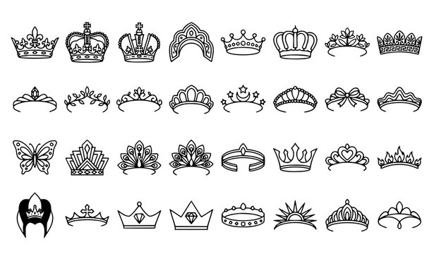 Royal tiara and queen crown line art collection with elegant minimalist diadem icons vector isolated on white background