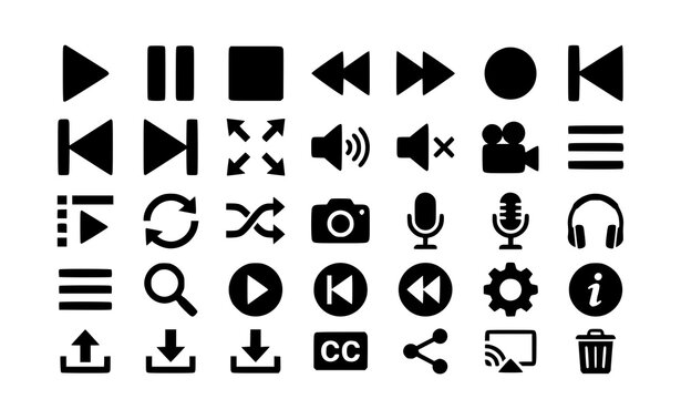 Media control icon set with play pause stop rewind fast forward and video symbols flat vector isolated on white background