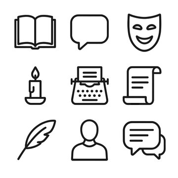 Collection of writing and storytelling icons including a book, typewriter, and mask