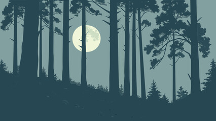 Night Forest Landscapes with Full Moon, River Streams, and Pine Tree Silhouettes in a Monochromatic Blue Style © SABIHA