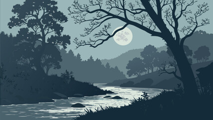 Night Forest Landscapes with Full Moon, River Streams, and Pine Tree Silhouettes in a Monochromatic Blue Style © SABIHA