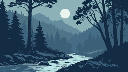 Night Forest Landscapes with Full Moon, River Streams, and Pine Tree Silhouettes in a Monochromatic Blue Style © SABIHA