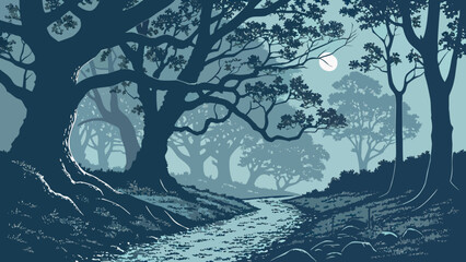 Night Forest Landscapes with Full Moon, River Streams, and Pine Tree Silhouettes in a Monochromatic Blue Style © SABIHA