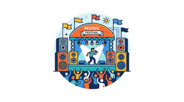 Live Music Festival Stage Performance with Crowd Dancing