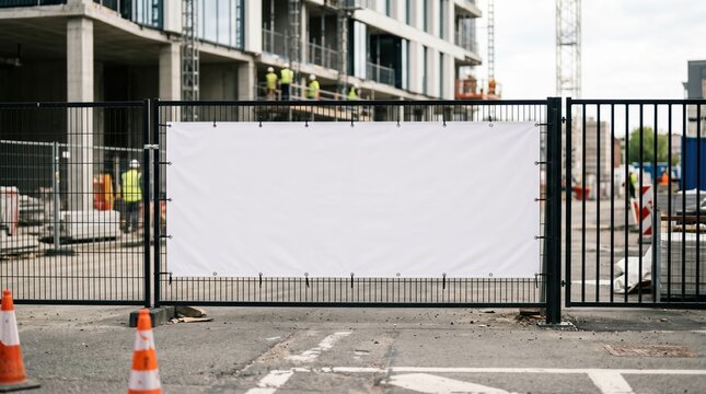 blank horizontal banner mockup on construction fence with traffic cones and building site background, outdoor advertising and real estate branding concept