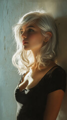 Fototapeta premium Elegant young woman with platinum blonde hair stands against a textured wall, illuminated by soft natural light. Her thoughtful expression and stylish black dress create a modern, artistic portrait