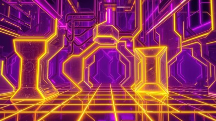 Fototapeta premium Neon grid hallway extends into darkness. Purple, orange lines create futuristic space. Geometric shapes dominate perspective.