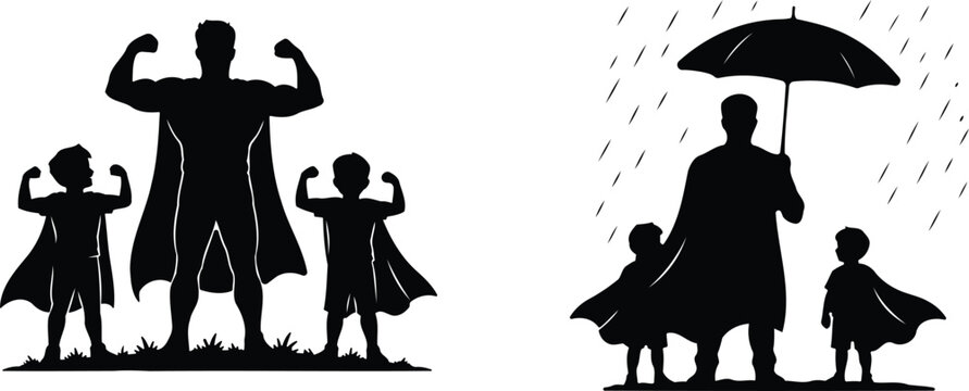 Superhero dad and kids silhouette illustrations