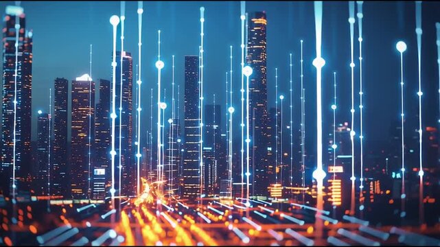 Smart city with connection network reciprocity over the cityscape social media networking systems that connects on the peak of success amid tall, innovative Smart city and graphs with statistics