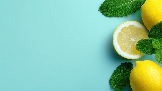 Fresh lemons and mint on minty blue background