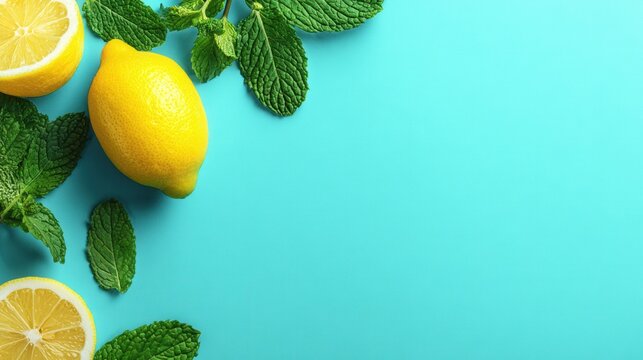 Fresh lemons and mint leaves rest on bright blue background