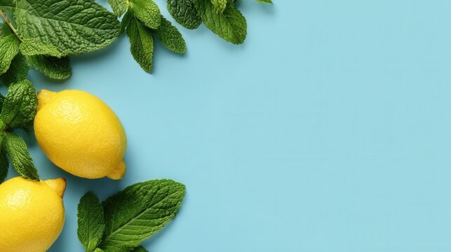 Fresh lemons and mint leaves rest on a soft blue background