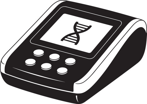 Black and white minimalist pcr machine with dna symbol on screen also transparent background science