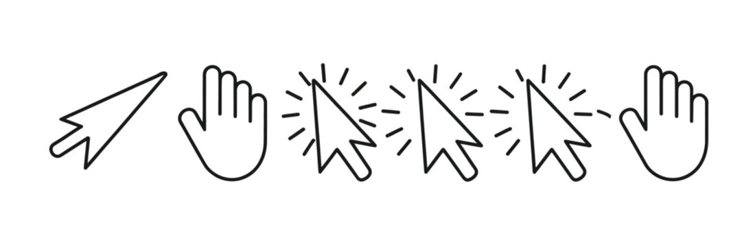 mouse cursor click and loading icon for computer mobile app animation or ui design mouse pointer black and white vector illustration, modern interface loader symbol pack, clean digital navigation icon