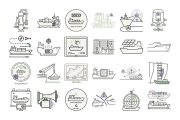 Fototapeta premium Autonomous Cargo Ship Icons or Vector Illustration of Electric Ships