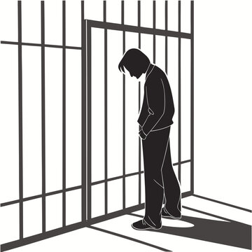silhouette of a man standing in front of prison bars on a white background