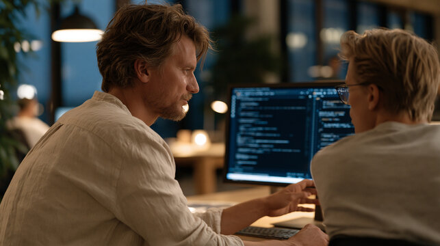 Software engineer pair-programming with AI code generation assistant displayed on split terminal screen, modern coworking space at twilight, one developer gesturing at suggested code completion whil