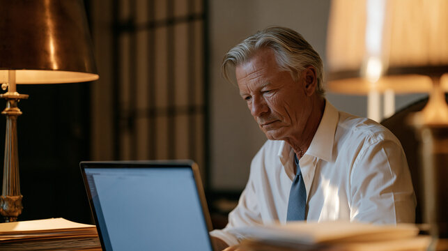 Retired parole officer reviewing digital risk assessment dashboard alone at worn oak desk, amber lamplight casting warm glow across case files, tension evident in furrowed brow, correctional facilit
