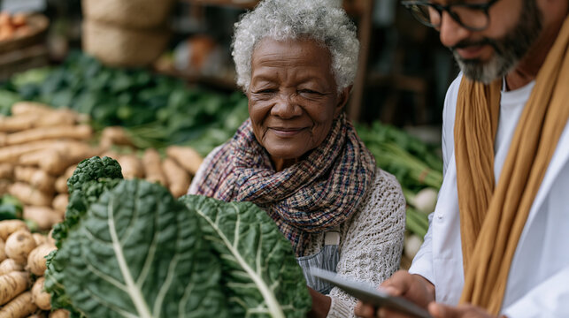 Retired grandmother in a vibrant farmers market selects leafy greens and root vegetables while a registered dietitian beside her taps nutritional data into a food-as-medicine tracking application, c