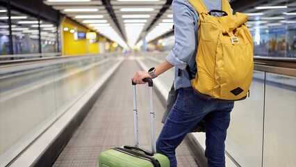 Traveler stands on a moving walkway in a modern airport terminal, carrying a bright green rolling suitcase and a yellow backpack, navigating the travel corridor between gates © DawDunia