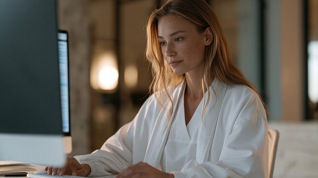 Medical billing compliance auditor reviews artificial intelligence claims coding accuracy reports at a sit-stand desk in a healthcare revenue cycle office, cross-referencing automated ICD assignment