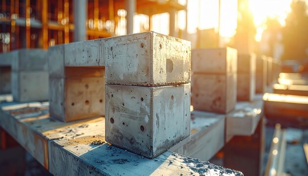 Interlocking modular concrete blocks forming a structural foundation at a construction site bathed in sunlight