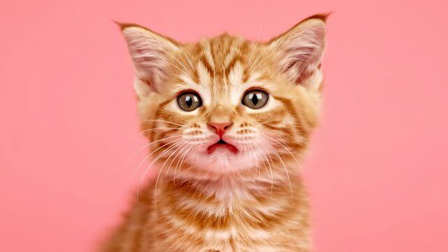 Close-up of an orange kitten yawning against a soft pink backdrop