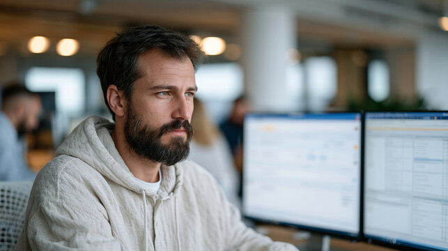 Claims processing automation engineer adjusts decision-tree parameters on a multi-monitor AI configuration desk inside a health insurance operations floor, real-time denial rate metrics updating acr
