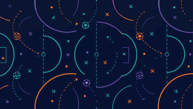 Abstract football playbook vector background with luminous tactical arrows and championship field layout in cinematic dark blue palette