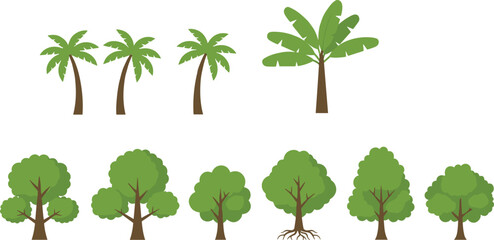 Obraz premium Tropical and deciduous tree illustrations with palm, banana, and leafy canopy vector design concepts